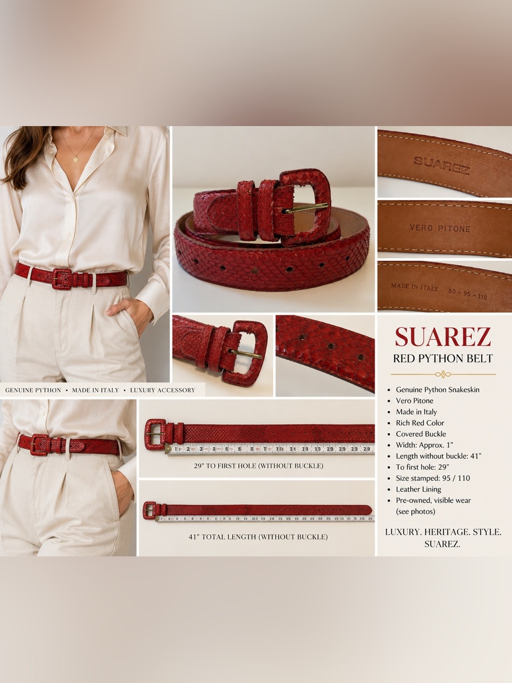Suarez Red Python Snakeskin Belt Made in Italy Vero Pitone Size 95/110